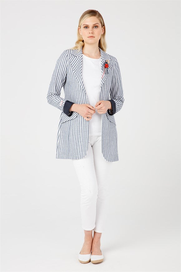 Women's Brooch Detail Navy Blue Striped Sport Jacket