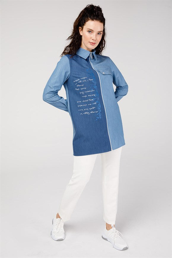 Women's Zipped Printed Blue Denim Tunic