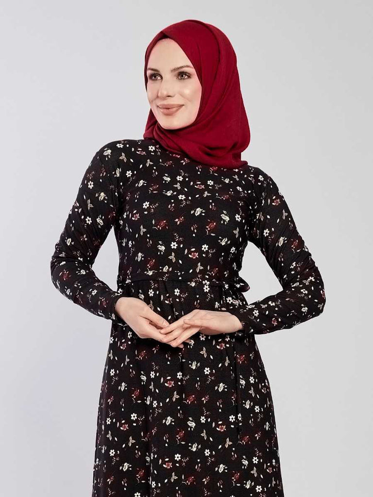 Women's Floral Pattern Black Modest Long Dress
