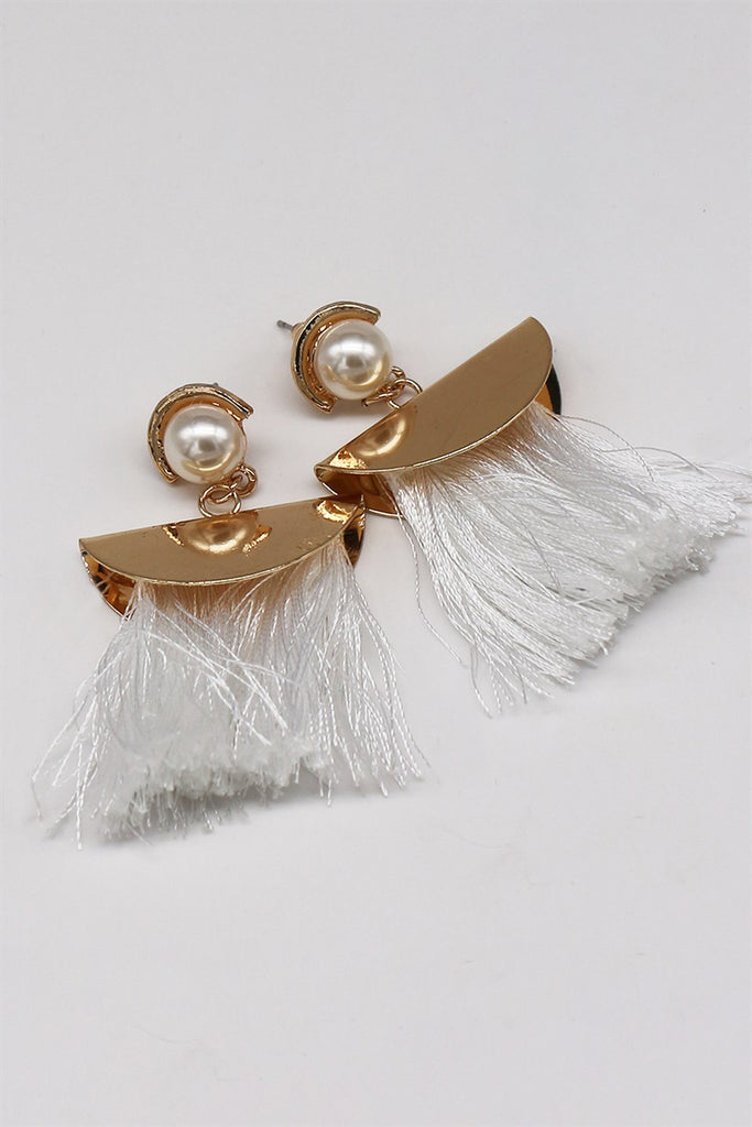 Women's Pearl Detail White Tassel Dangle Earrings