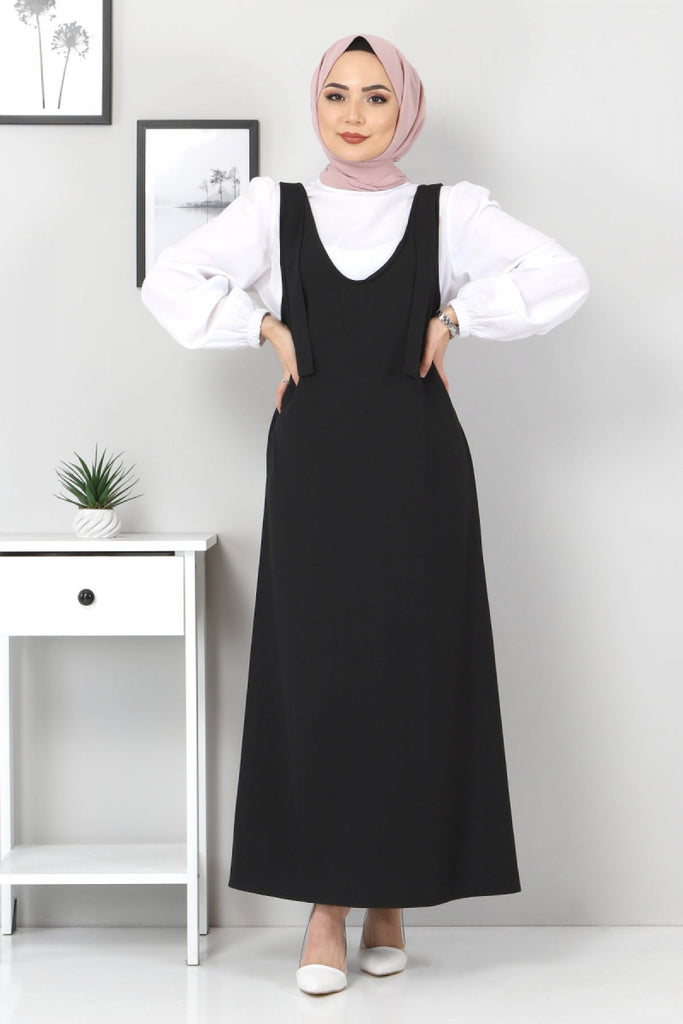 Women's Strappy Black Dress & White Blouse Set
