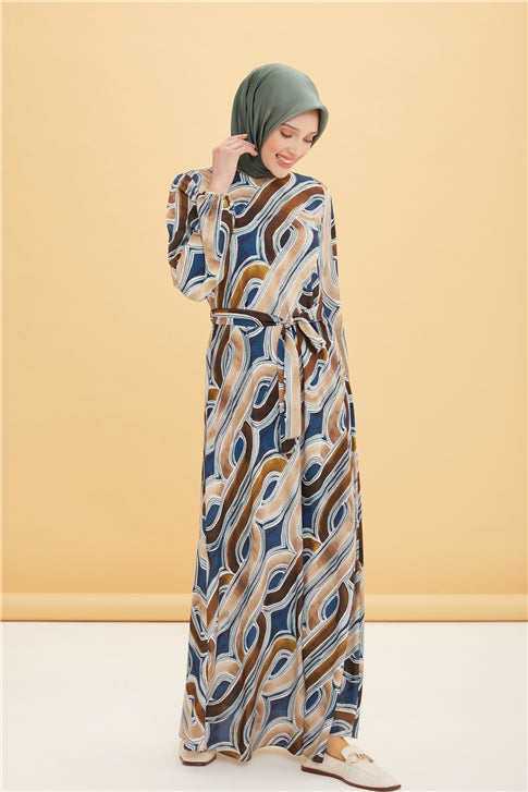 Women's Patterned Camel Long Dress