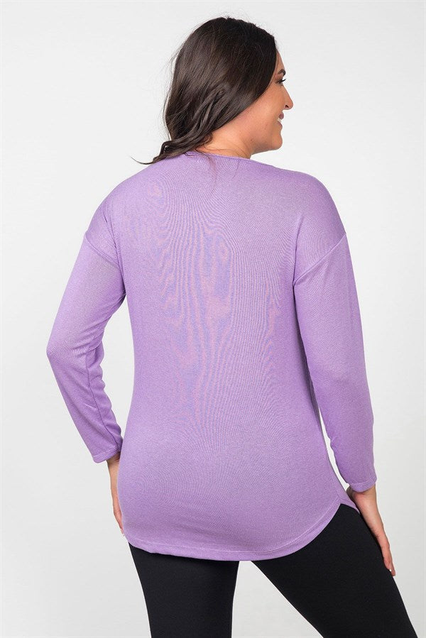 Women's Oversize Zipper V Neck Purple Blouse