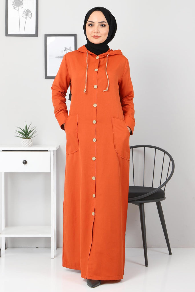 Women's Hooded Wood Button Orange Abaya