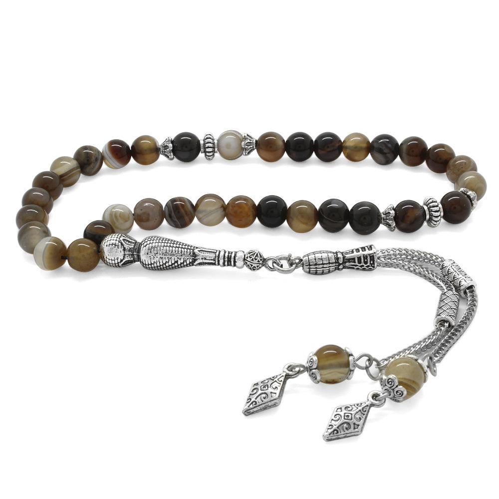 Stainless Metal Fringe Round Cut Agate Natural Stone Prayer Beads