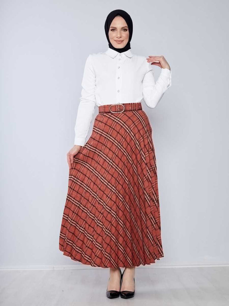 Women's Belted Plaid Tile Red Flare Long Skirt