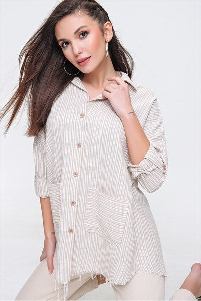 Women's Roll-up Sleeves Striped Beige Linen Shirt