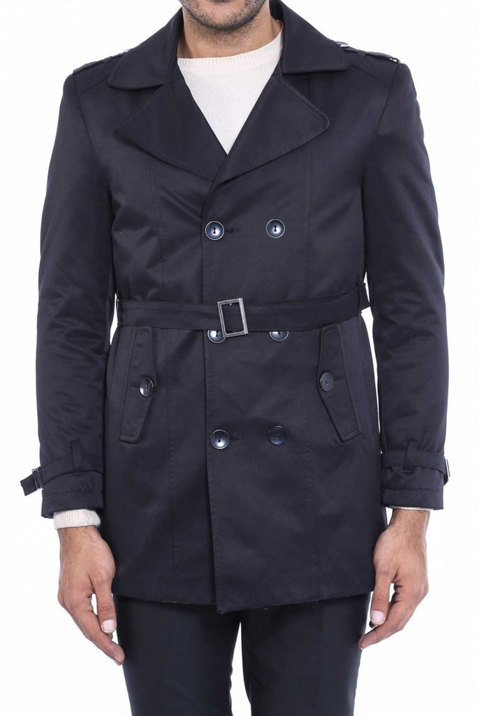 Men's Wrap Collar Belted Black Trenchcoat