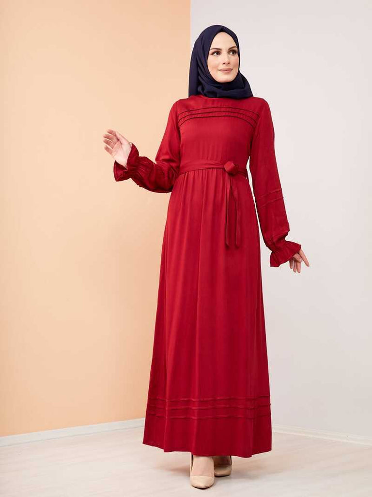 Women's Belted Claret Red Modest Long Dress