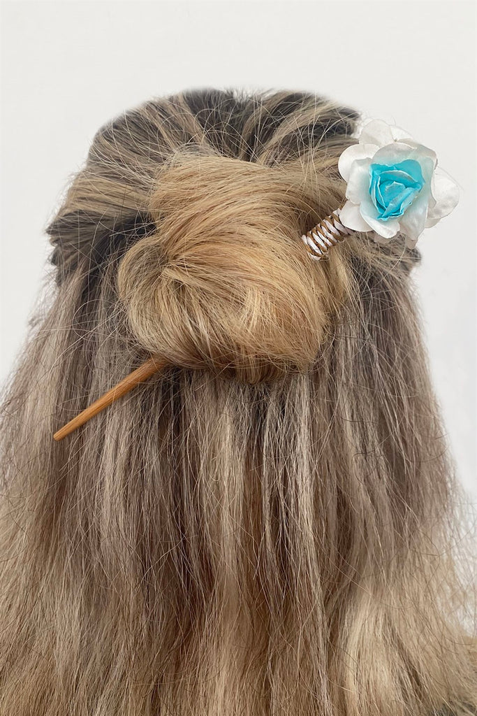 Women's Blue - White Flower Figure Hair Bun Stick