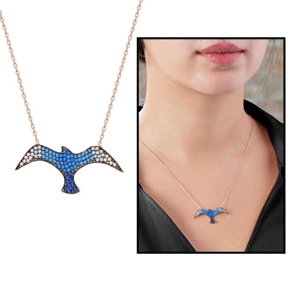 Women's Blue Zircon Gemmed Seagull Pendant 925 Carat Silver Necklace