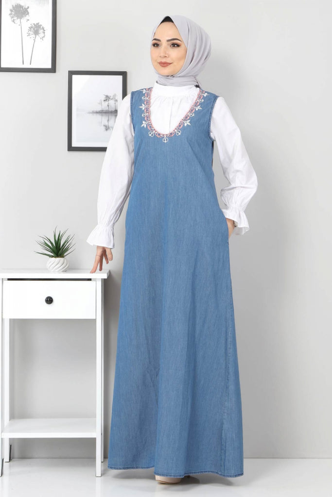 Women's Embroidered Light Blue Denim Modest Bib & Brace Dress