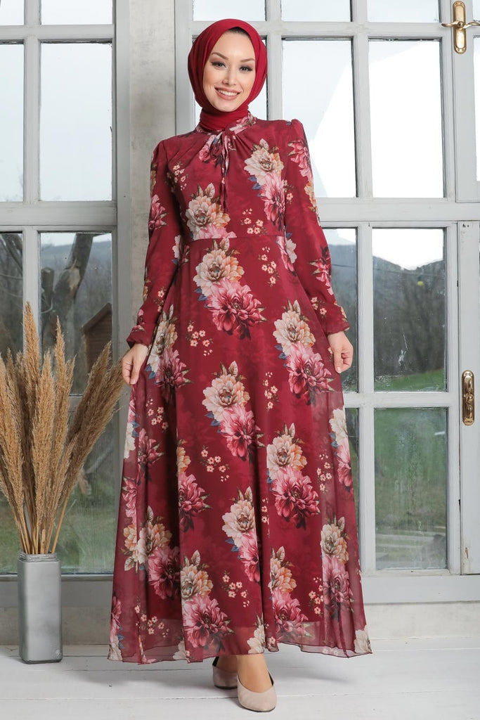Women's Floral Pattern Claret Red Modest Dress