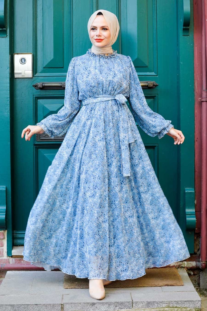Women's Patterned Indigo Modest Dress
