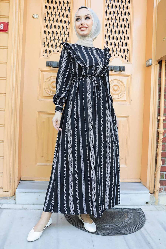 Women's Frill Detail Black Modest Dress