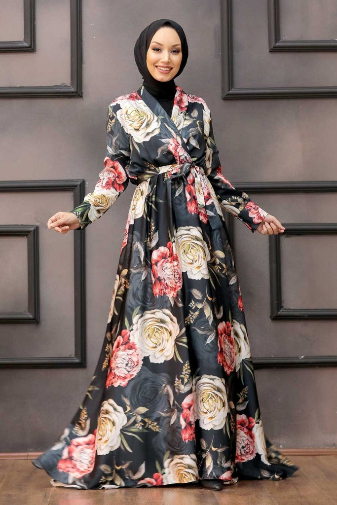 Women's Rose Pattern Satin Modest Dress