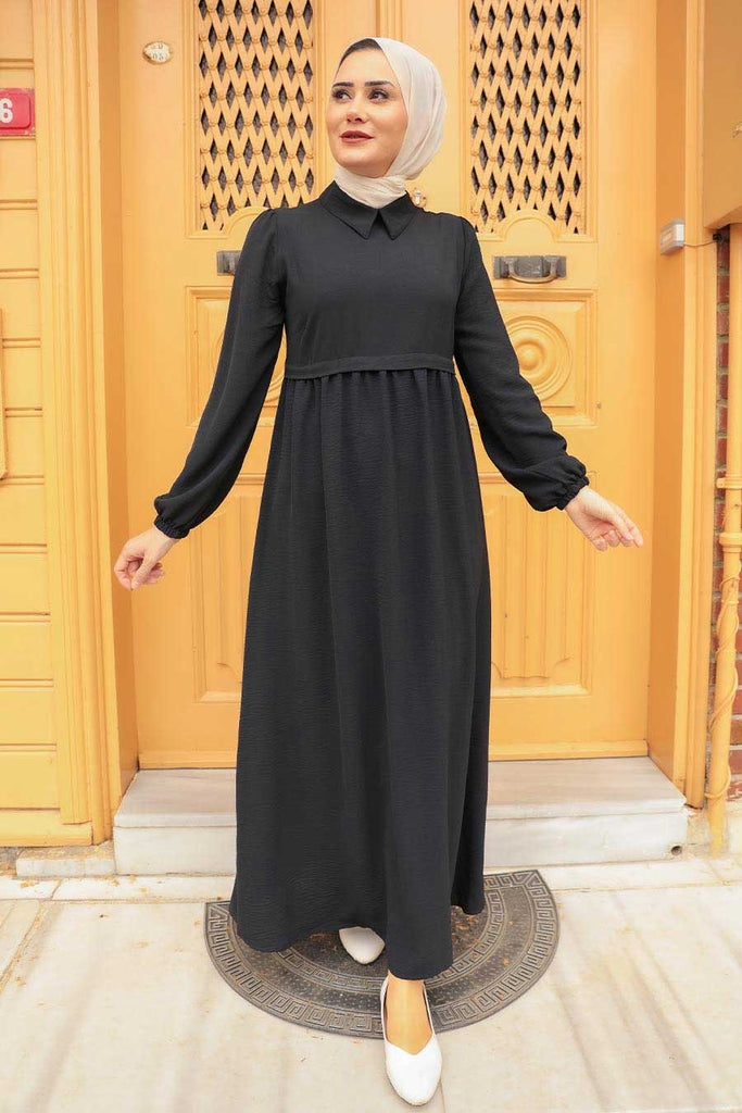 فستان محتشم أسود بياقة كلاسيك نسائي