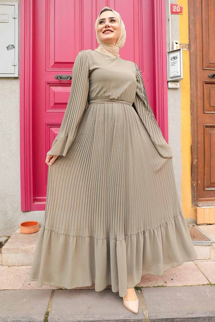 Women's Pleated Khaki Modest Dress