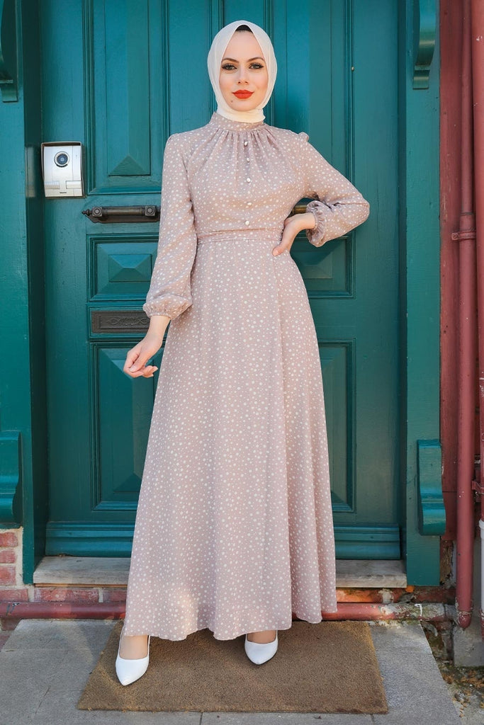Women's Dotted Beige Modest Dress
