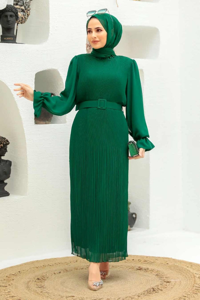 Women's Belted Green Long Dress