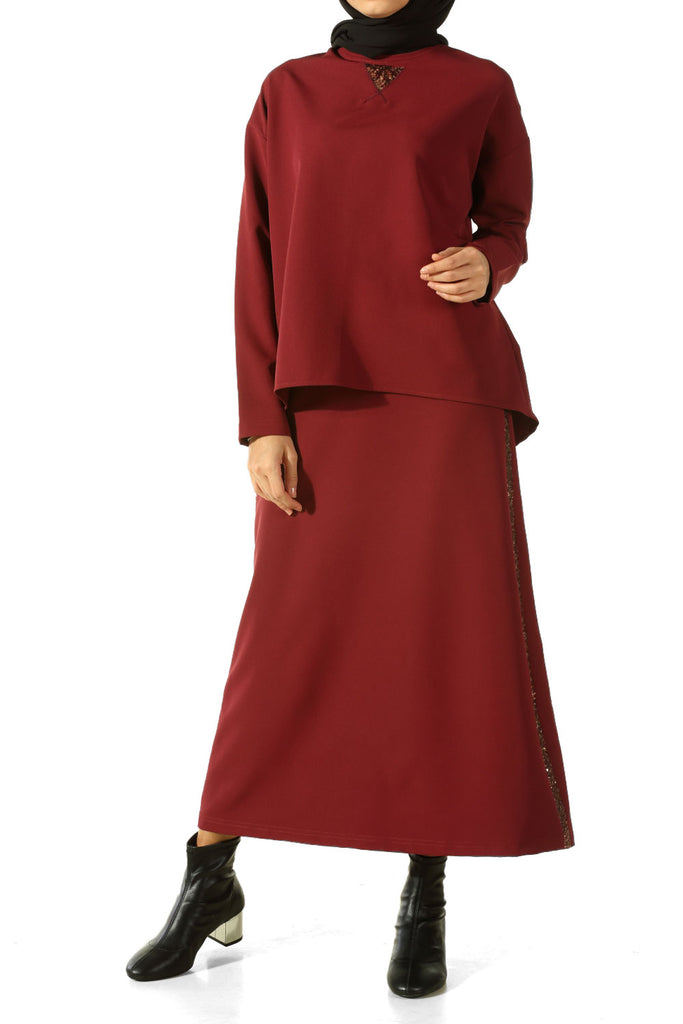 Women's Sequin Embroidered Claret Red Tunic & Skirt Set
