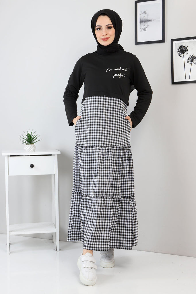 Women's Checkered Black Long Dress