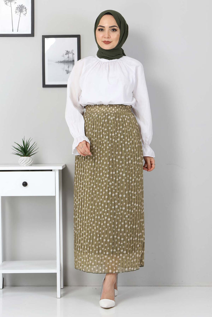Women's Dotted Pleated Green Skirt
