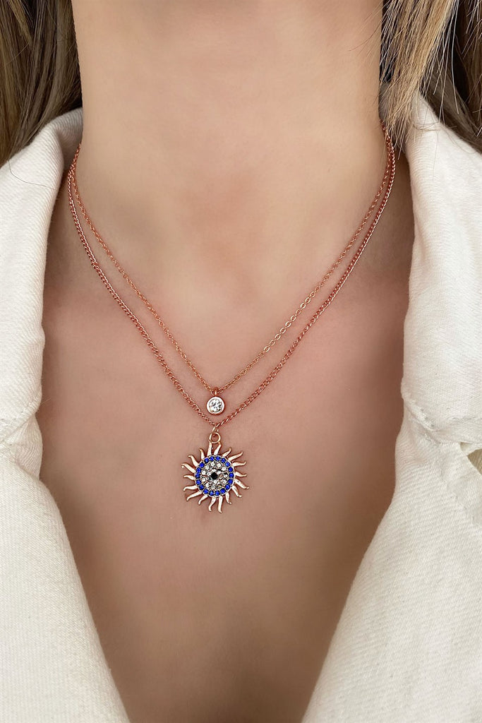 Women's Evil Eye Figure Sun Pendant Rose Necklace
