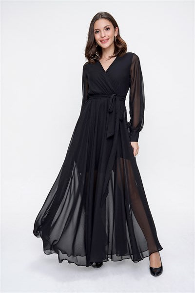 Women's Wrap Collar Lined Black Chiffon Dress