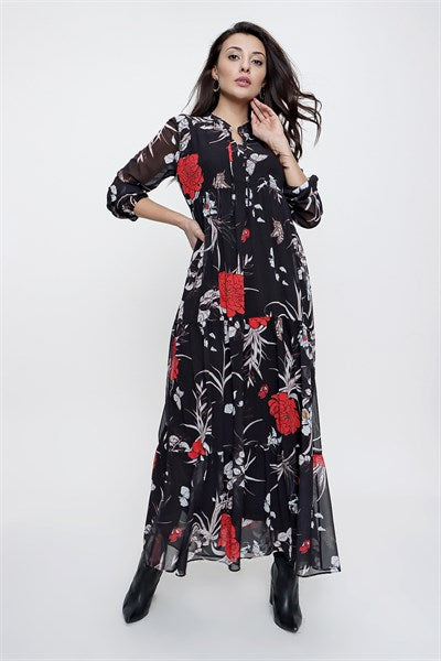 Women's Lined Floral Pattern Black Chiffon Dress
