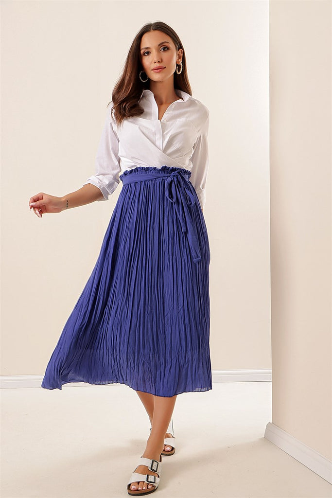 Women's Elastic Waist Indigo Chiffon Long Skirt