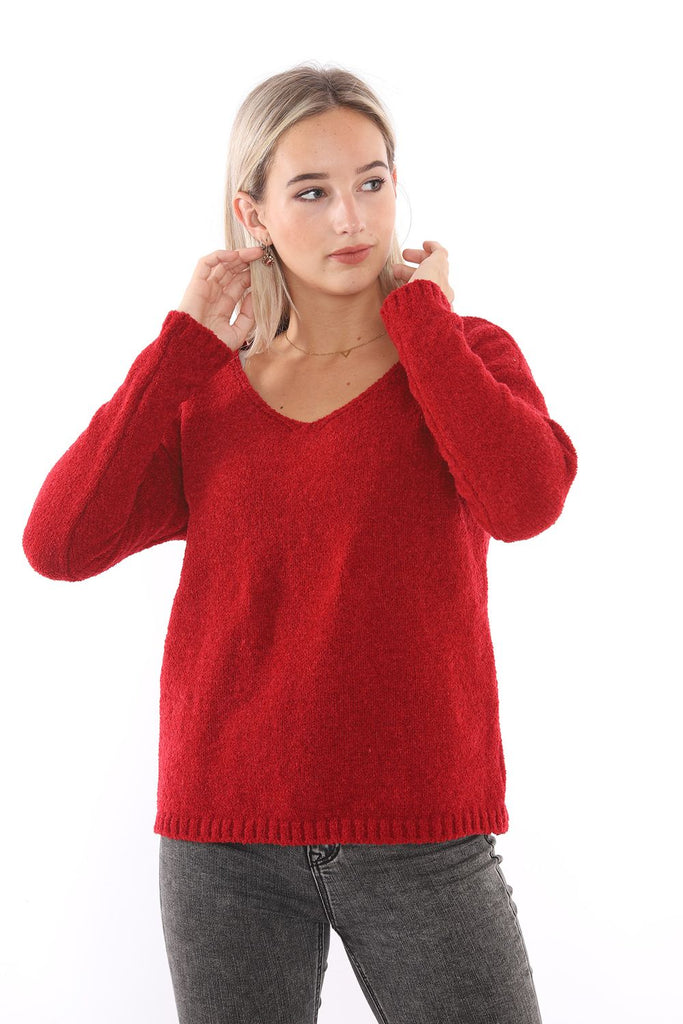 Women's V Neck Red Bouclé Sweater