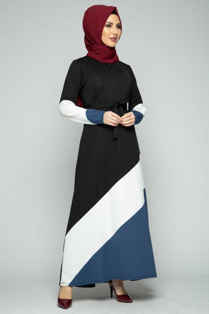 Women's Belted Striped Black Modest Dress