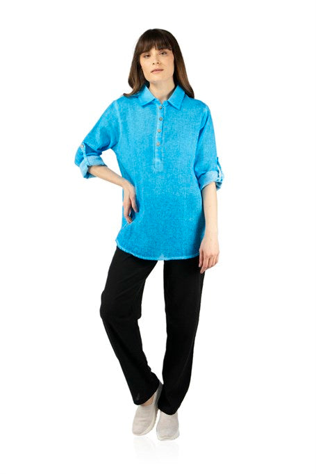 Women's Roll-up Sleeves Turquoise Blouse