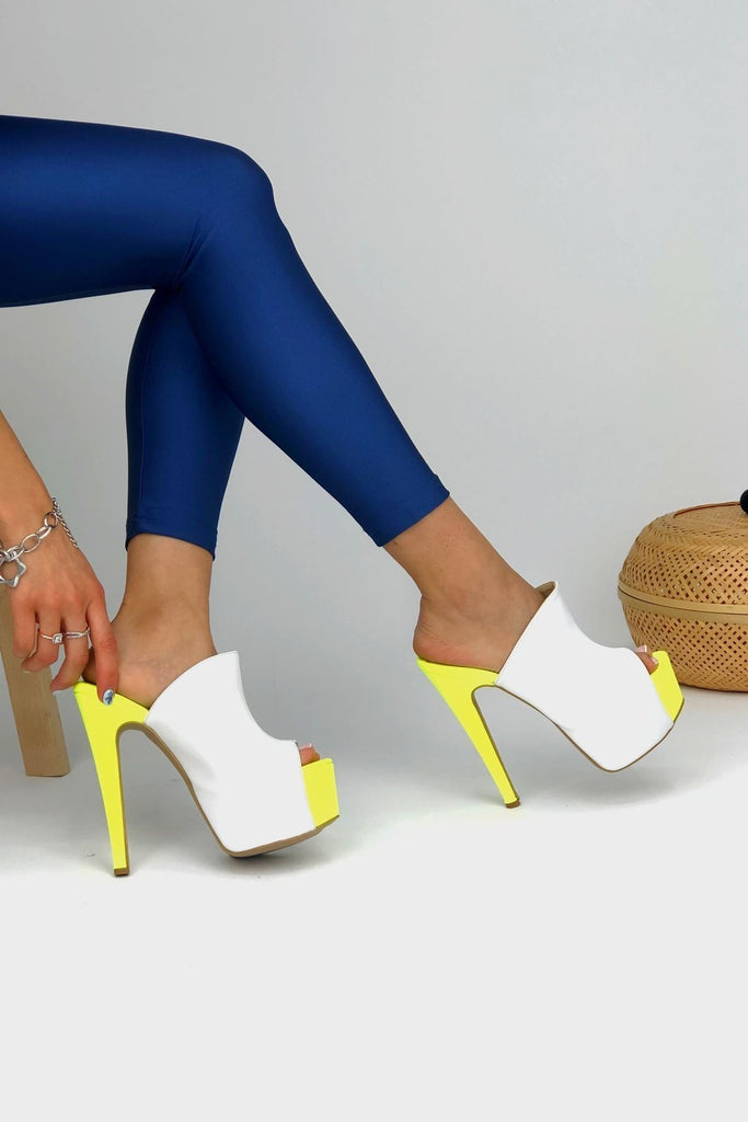 Women's White - Yellow Heeled Slippers