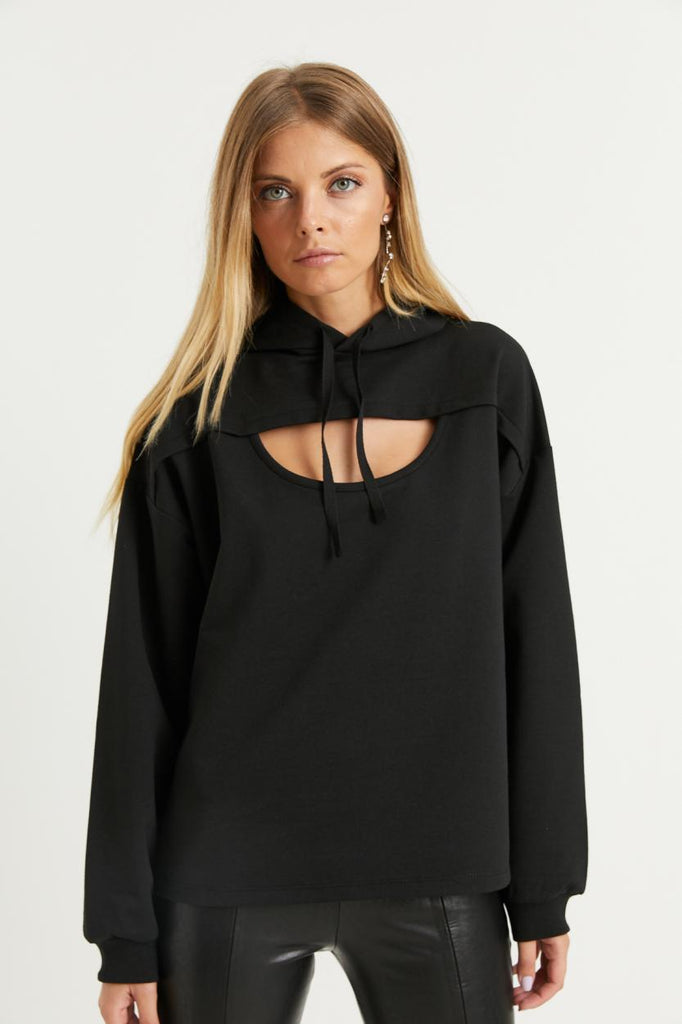 Women's Cut Out Collar Black Sweatshirt