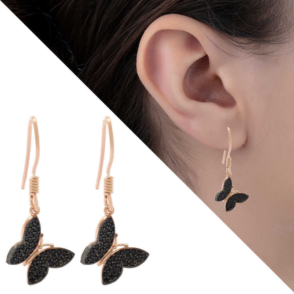Women's Black Zircon Gemmed Butterfly Design 925 Carat Silver Earrings