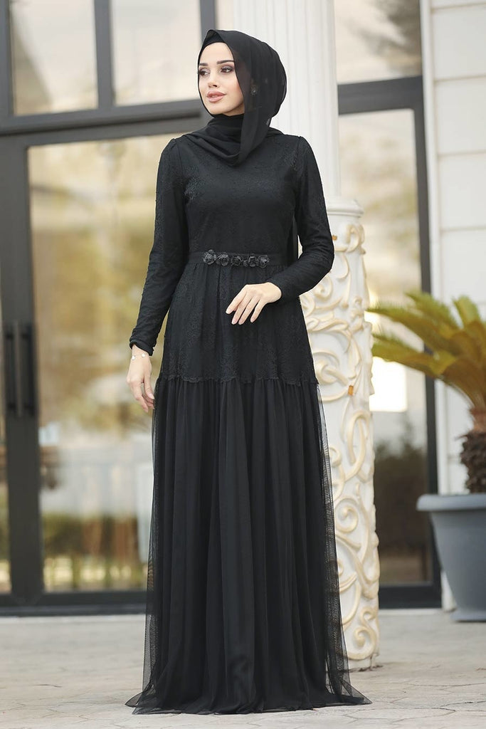 فستان سهرة أسود مطرز بدانتيل نسائي