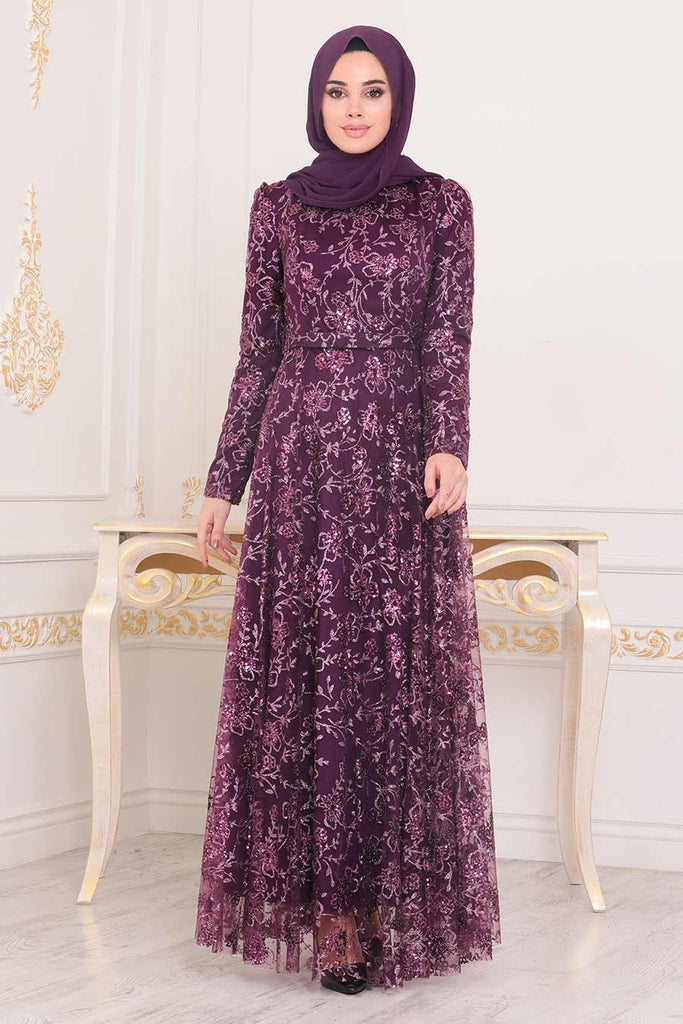 Women's Sequin Pattern Damson Modest Long Evening Dress