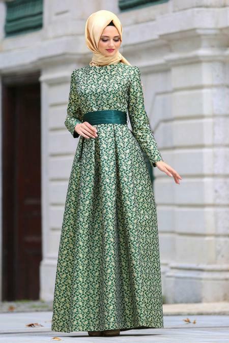 Women's Green Jacquard Evening Dress