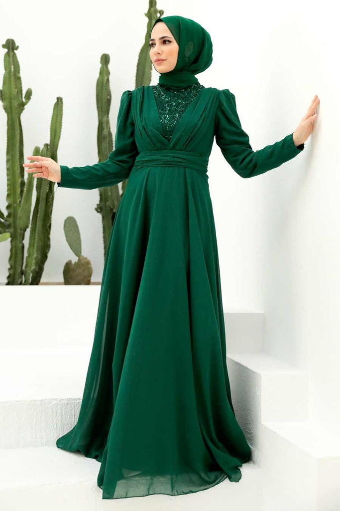 فستان سهرة طويل أخضر مفصل بترتر نسائي