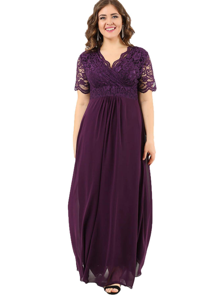 Women's Oversize Guipure Detail Purple Chiffon Evening Dress