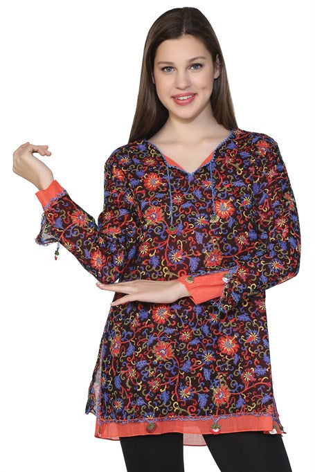 Women's Long Sleeve Floral Pattern Brown Blouse