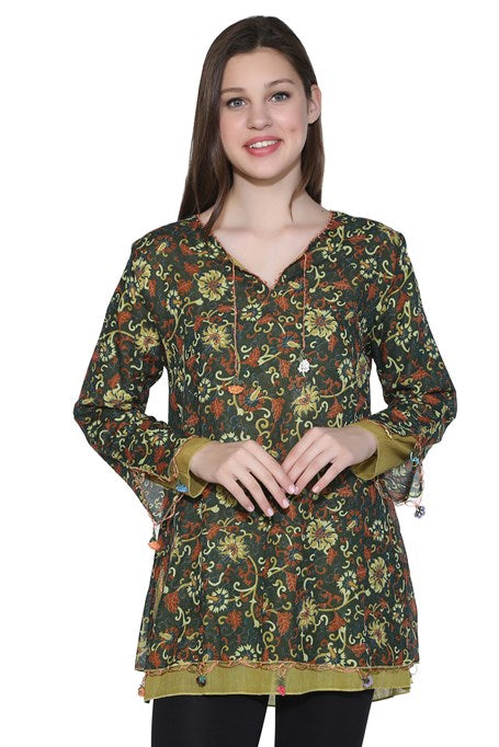 Women's Long Sleeve Floral Pattern Green Blouse