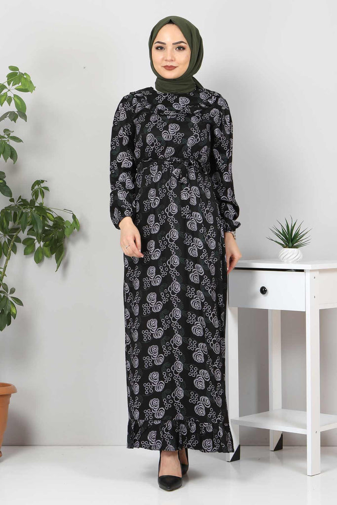 Women's Frill Detail Patterned Black Dress